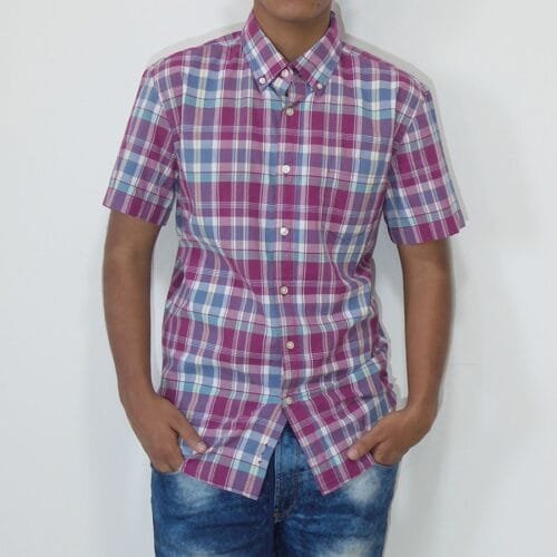 Camisa Sonoma manga corta con bolsillo a cuadros borgoña